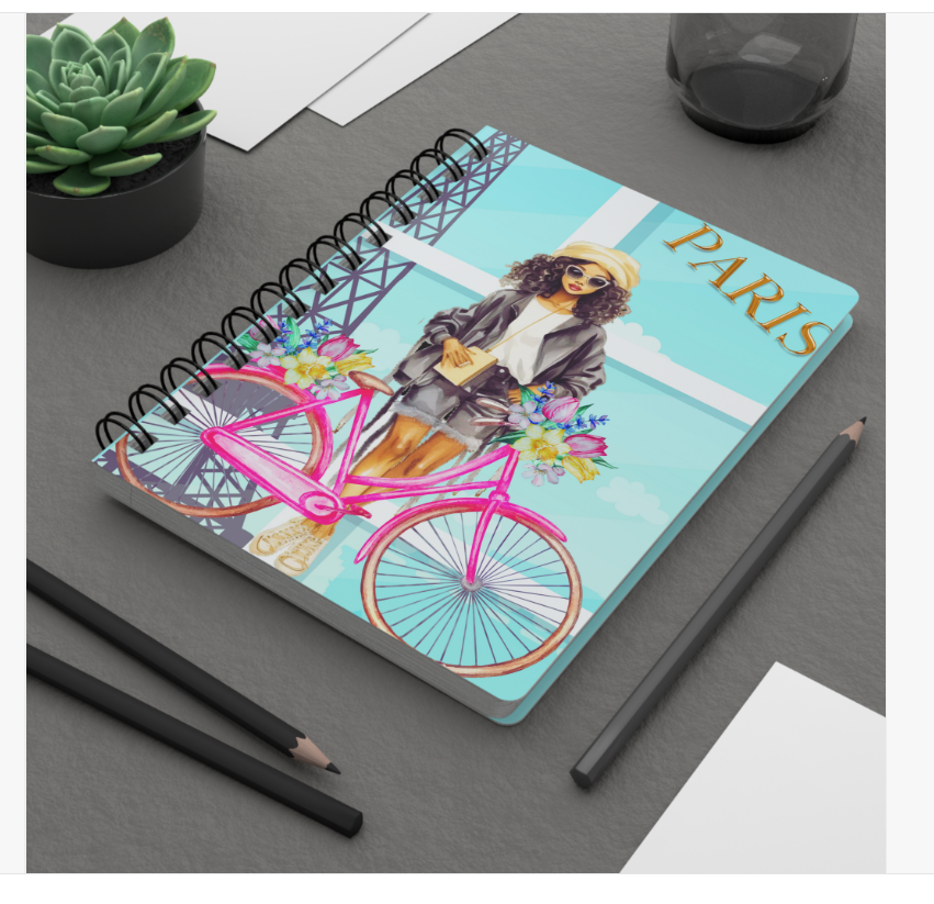 Woman Riding Bike in Paris Notebook Journal